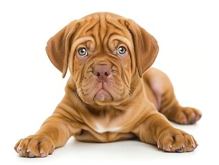 Generative AI : Dogue de Bordeaux puppy, 10 weeks old, lying in front of white background