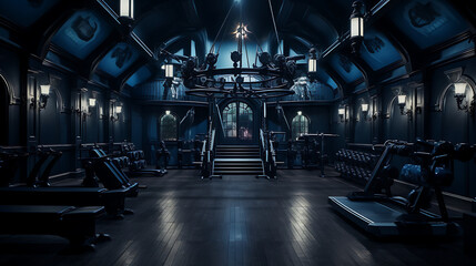 A gym with a haunted mansion theme, featuring spooky workouts and eerie decor.