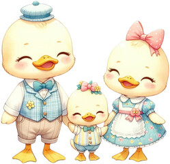 watercolor animal family duck family father mother baby png