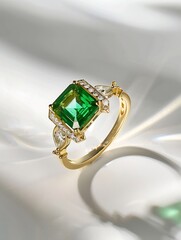Generative AI : emerald cut emerald ring, a circle diamond, 18k gold, fashion