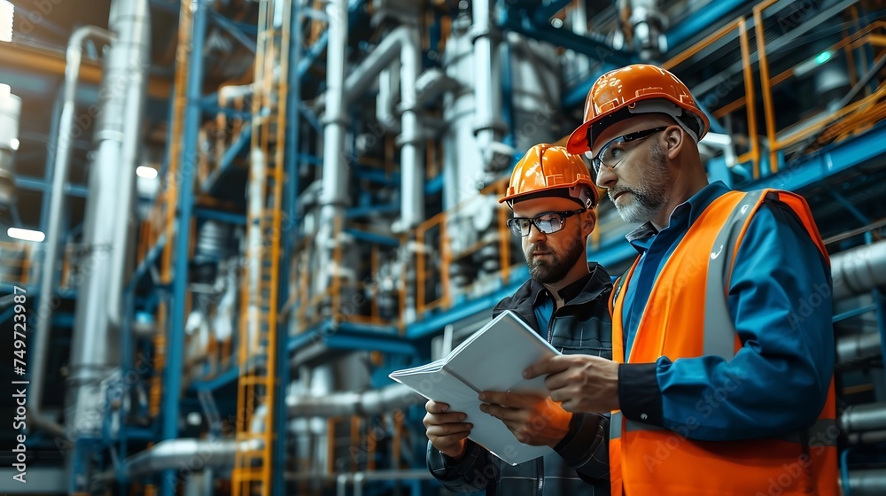 Leinwandbilder Generative AI : Engineer consulting with foreman in modern industrial factory