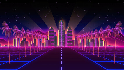 80s neon retro animation city with shining backgorund, buildings and palm trees
