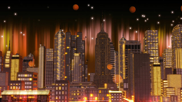 city skyline dramatic City skycraper with aurora background	