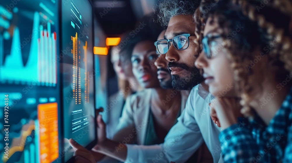 Leinwandbilder Generative AI : group of professionals looking at a large computer screen displaying data graphs