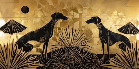 Art Deco Black and Gold Dogs - obrazy, fototapety, plakaty
