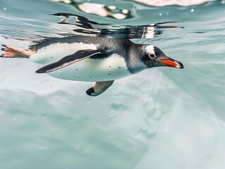 Generative AI : Gentoo penguin swimming marine life underwater ocean / Penguin on surface