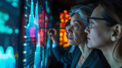 Generative AI : Ethical use of data AI system. diverse group of professionals looking at a large computer 