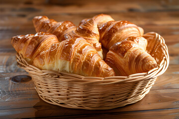 Freshly baked croissants in a basket on a wooden table

