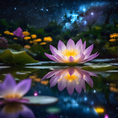  Glowing Lotus Flower in a Night Pond