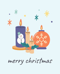 Merry christmas and Happy new year card. Set of scented fancy candles with snowflake. Flat cartoon style vector illustration