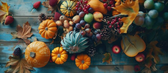Obraz na płótnie Canvas A diverse assortment of fruits and vegetables spread out on a wooden table, showcasing the abundance of autumns harvest during the Thanksgiving season.