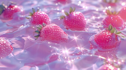 strawberry wallpaper pink hd floating in the water. Sparkling, glowing, cyan clear water ripples, hyper-realistic water.