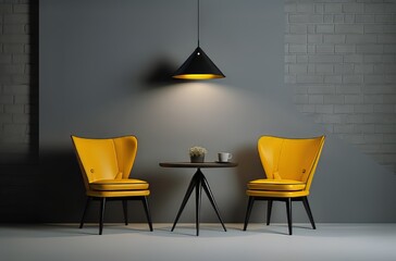 yellow chair and a table with a lamp hanging above it. The room is empty and the lamp is turned on