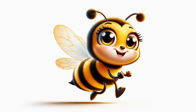  A cartoon character of a honey bee, full of life and personality, set against a pure white background