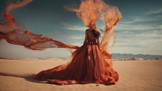women in desert with cinematic view her dress floating around with air, red dress, orange dressed model generative AI