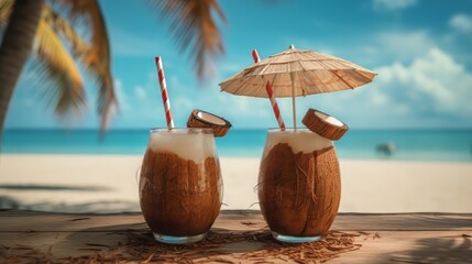 Tropical coconut drinks garnished with umbrellas on a sunny beach day