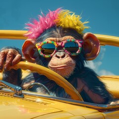 Cheeky monkey in a funky wig and colorful sunglasses, having a blast in a banana-yellow convertible on a sunny day - obrazy, fototapety, plakaty