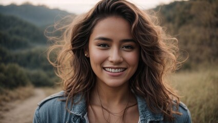 Fototapeta premium Smiling Woman in Nature: Portrait capturing the beauty of a joyful young lady with a bright smile, surrounded by greenery in an outdoor park during the summer, radiating happiness and warmth