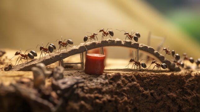 Photo of a team of ants working to build a bridge teamwork