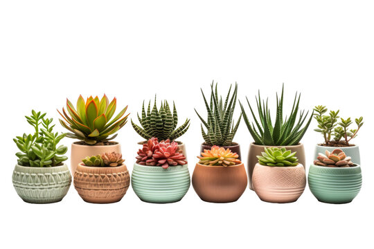 Succulents in various pots isolated on transparent background.