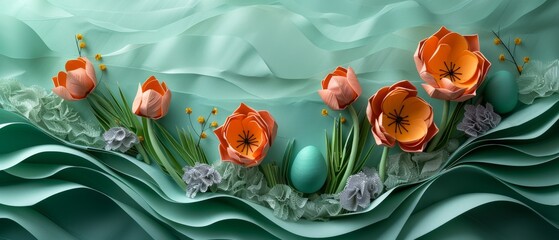 Paper art depicting Easter egg surrounded by tulips