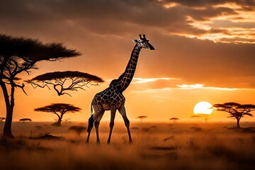 Fototapeta na wymiar giraffe at sunset generated by AI technology