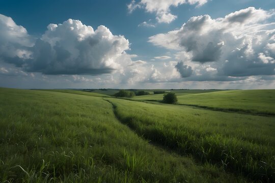 A landscape of green fields with white clouds
