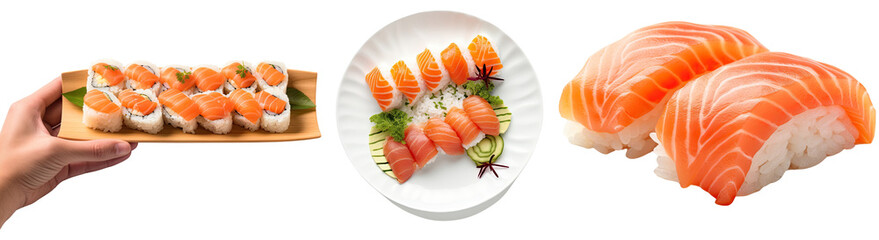 An appetizing image of hands holding a plate full of sushi, meticulously cut out and isolated on a white background, available as a PNG file.