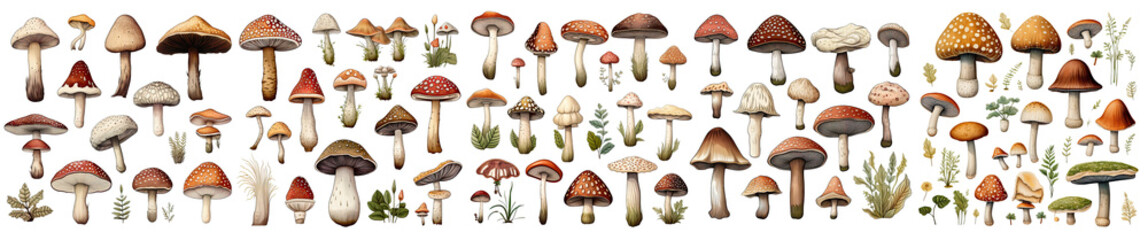 A refined set of watercolor mushroom illustrations, showcasing elegant watercolor techniques, isolated on a transparent PNG background for versatile use.
