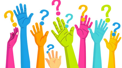 Obraz premium A lot of hands are raised ? up smeared in multicolored, colored paints on a white transparent background. People's hands are raised in the air. Without faces.