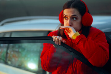 Woman Getting out of a Car Feeling Motion Sickness. Dizzy nauseated girl suffering from motion sickness during a trip
 - obrazy, fototapety, plakaty