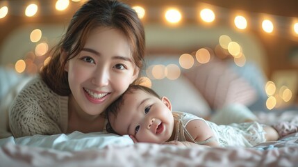 Asian mother having fun with her adorable newborn. Generative Ai.