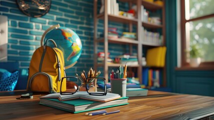 Children's bedroom with books, a globe, a wooden desk, and a rucksack. Generative Ai.