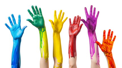 A lot of hands are raised ? up smeared in multicolored, colored paints on a white transparent background. People's hands are raised in the air. Without faces.