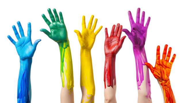 A lot of hands are raised ? up smeared in multicolored, colored paints on a white transparent background. People's hands are raised in the air. Without faces.