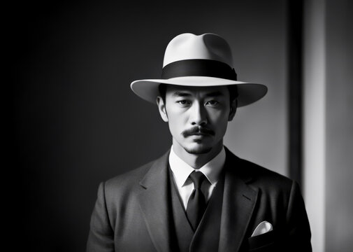 Japanese yakuza with a epoch fedora hat and a suit