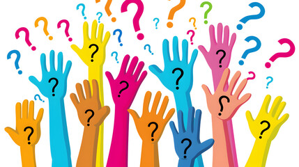 A lot of hands are raised ? up smeared in multicolored, colored paints on a white transparent background. People's hands are raised in the air. Without faces.