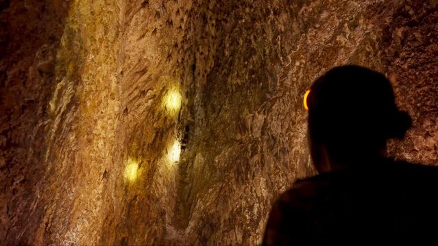 A man watching the colony of fruit bats nesting in a cave