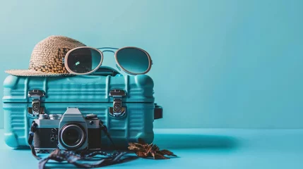 Foto op Aluminium baggage travel. Blue suitcase with travel accessories such as sunglasses, hat and camera on light blue background. © pinkrabbit