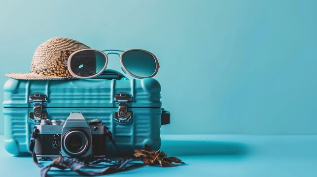 baggage travel. Blue suitcase with travel accessories such as sunglasses, hat and camera on light blue background.