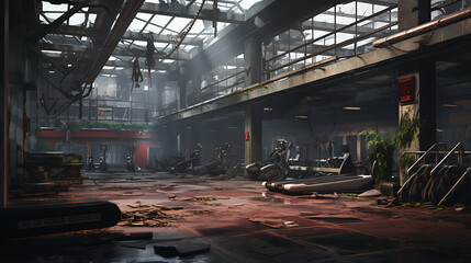 A gym with a post-apocalyptic wasteland theme, featuring rugged workouts and dystopian decor.