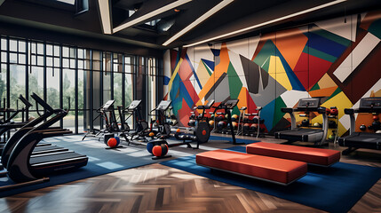 A gym with a postmodern Aesthetic, incorporating eclectic and avant-garde decor.