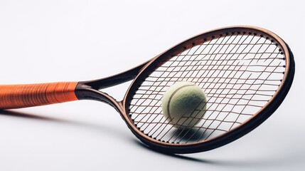 Photo of tennis racket and ball isolated on white