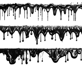 Set of long Wave black liquid paint splash melting dripping on transparent background cutout, PNG file. Many assorted different design. Mockup template for artwork graphic design