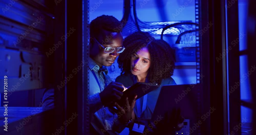 Fototapete People, technology or coding in server room as software engineer or teamwork for cybersecurity in data center. Developer, tablet or collaboration on laptop, neon or it infrastructure for programming
