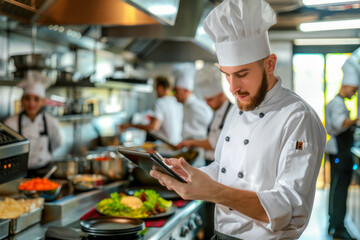 Professional Chef in White Uniform Using Tablet in Busy Restaurant Kitchen