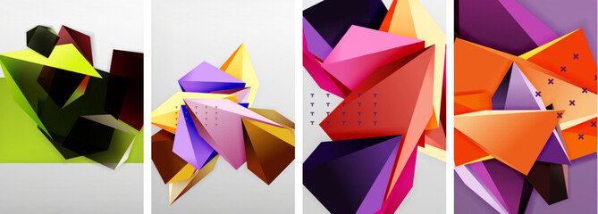 Trendy low poly 3d triangle shapes and other geometric elements background designs for wallpaper, business card, cover, poster, banner, brochure, header, website