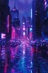 Fototapeta premium Poster with a night big city in the cyberpunk style. Neon lights. Interior poster.