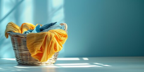 Sunlit clothes for washing in basket on the blue background. Clean laundry after washing in a basket. Banner with spring cleaning and laundry concept. Copy space. - obrazy, fototapety, plakaty