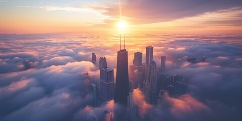 Architecture designed skyscrapers piercing the clouds, captured from a high angle in the morning sunlight - obrazy, fototapety, plakaty